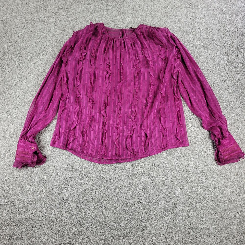 Vintage Chanel Blouse 40 Purple Silk Satin Sheer Keyhole Back Ruffles Pleated